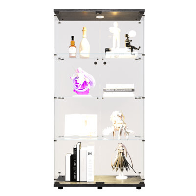 4 Shelves And 2 Doors Glass Display Cabinet With Led Lights, Floor Standing Curio For Living Room, Bedroom, Office, 64.7"X31.7"X14.3", Black - Stylish Storage Collectibles 64.7"X31.7"X14.3"