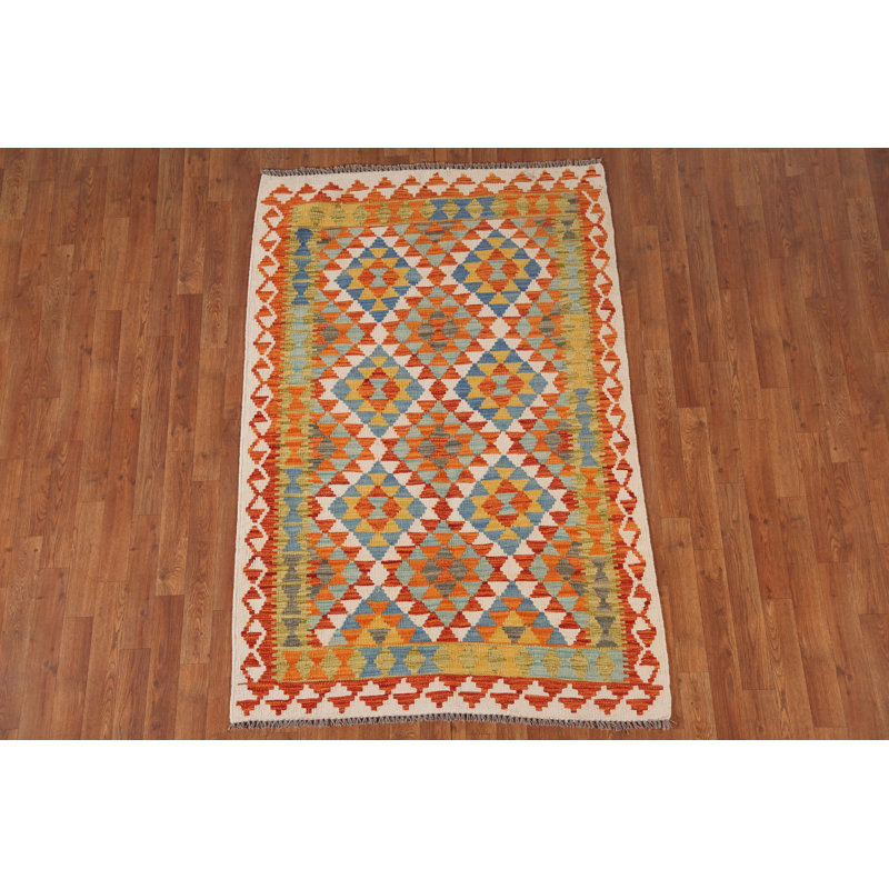 Tapis oriental multicolore en laine Kilim 4 x 6