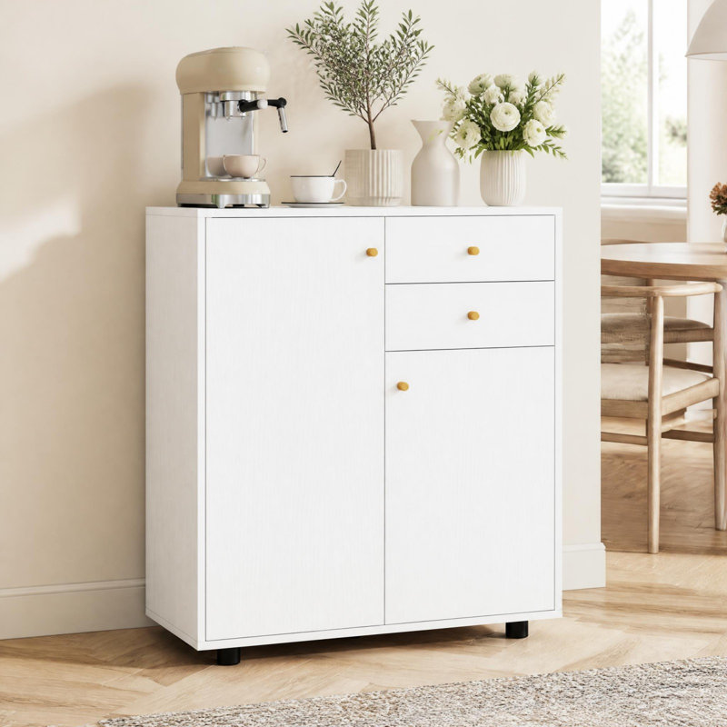 Buffet moderne avec 2 tiroirs, 2 portes et 3 tablettes ajustables, idéal pour un coin café dans la salle à manger ou l'entrée.