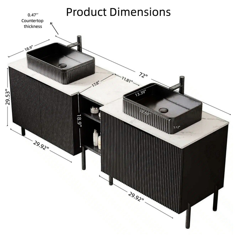 Meuble-lavabo double 72 po avec lavabo rayé noir, comptoir blanc Carrara, 2 armoires, tablette, fermeture en douceur