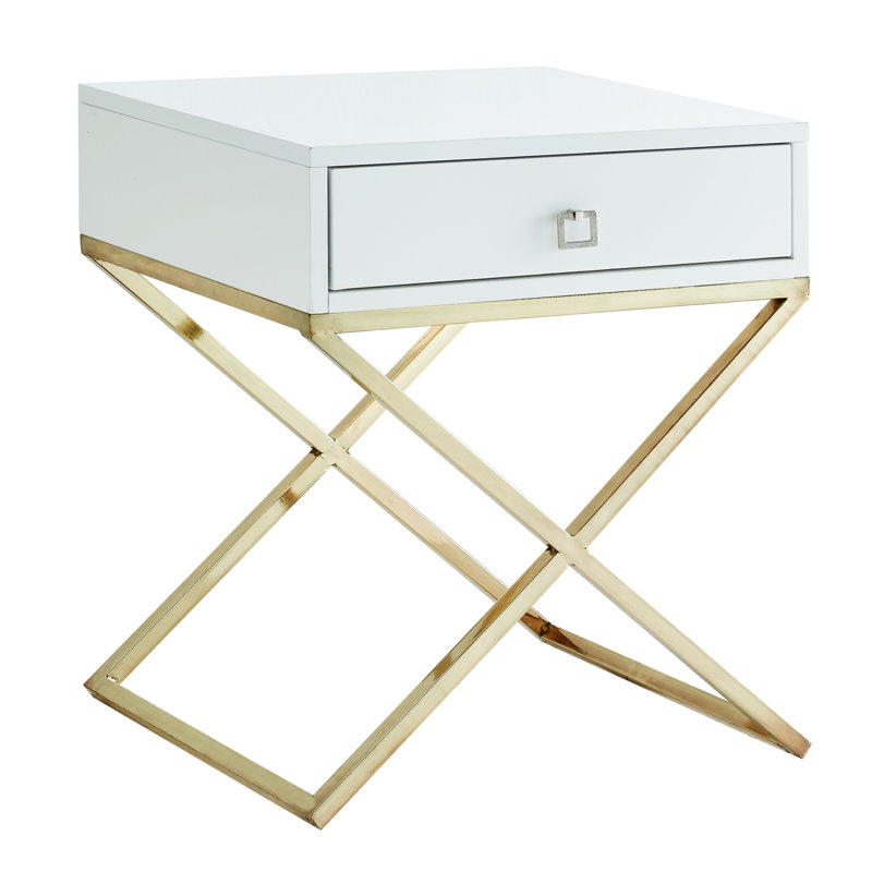Table de bout avec rangement Marianna, Acier doré, Blanc
