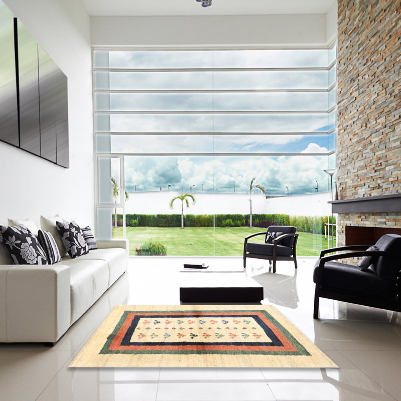 Tapis contemporain beige / vert / bleu, Carré 5 pi