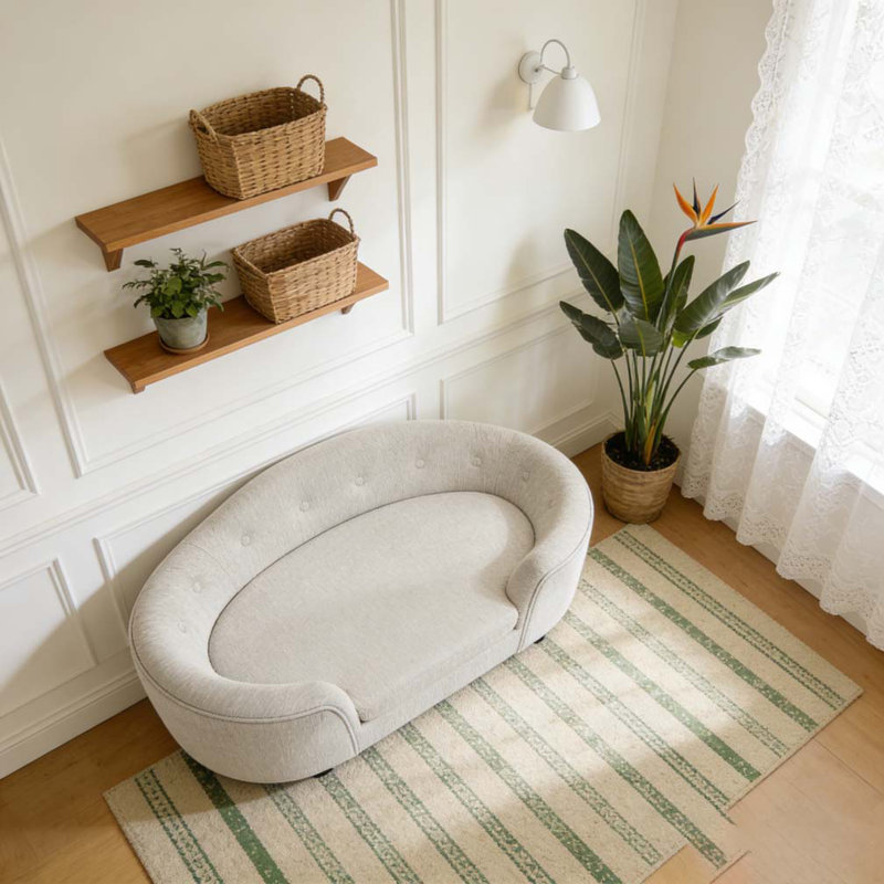 OVERSIZED Size Oval Semi-Enclosed Dog Sofa - Durable Linen Material, Beige