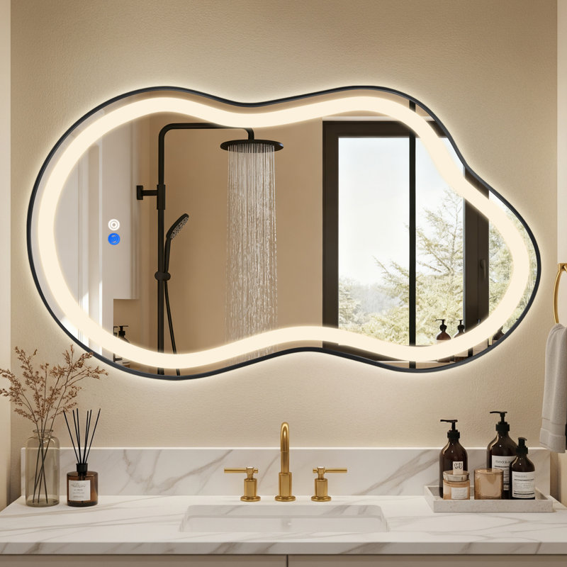 Modern Asymmetrical LED Bathroom Mirror with Anti-Fog and 3-Color Adjustable Lighting, 20" x 36", Black