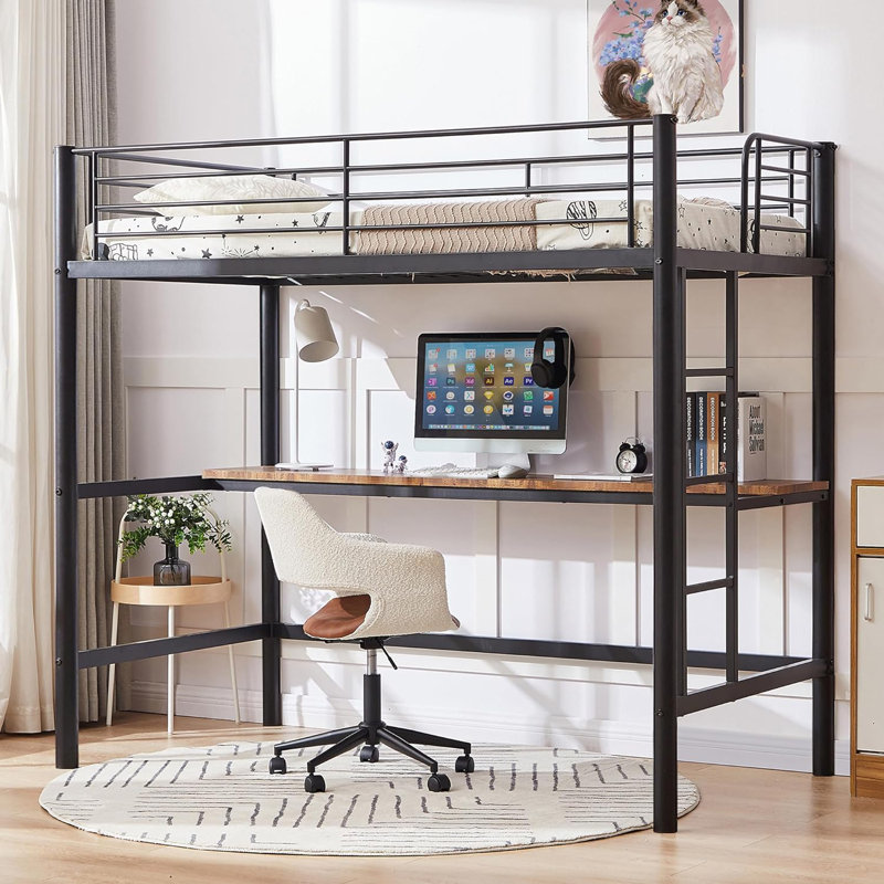 Ensemble de 2 lit mezzanine simple avec bureau, structure de lit superposé en métal robuste avec poste de travail intégré, lit mezzanine peu encombrant