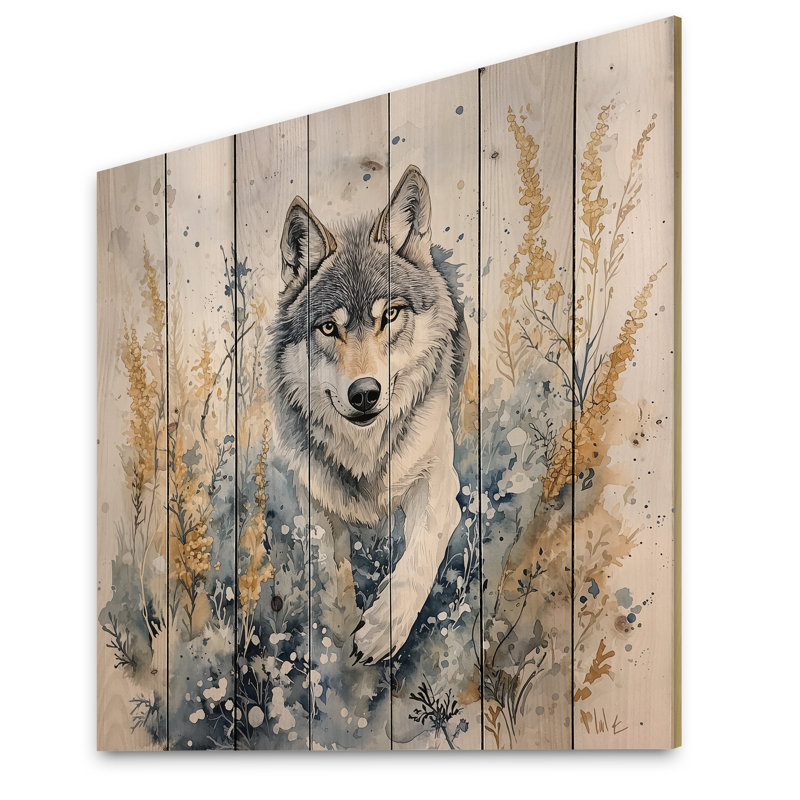 Loup qui court dans la prairie II - Décoration murale moderne en bois sur bois de pin naturel, H 36 po x l 36 po