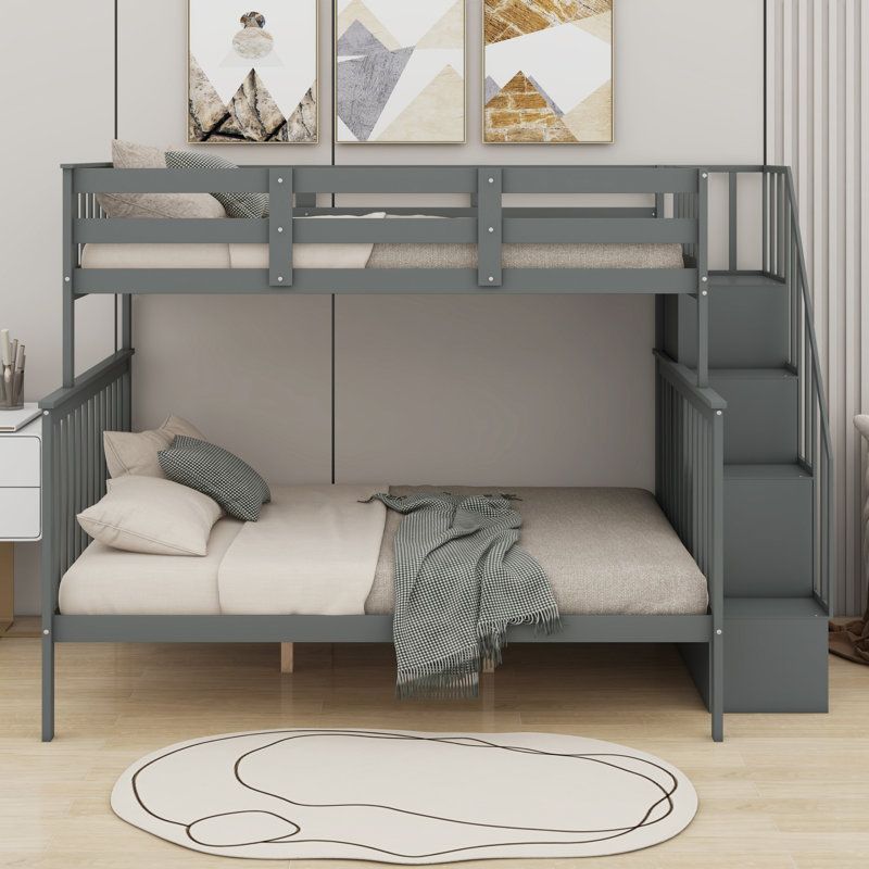 Lit superposé avec escalier de rangement et garde-corps, gris