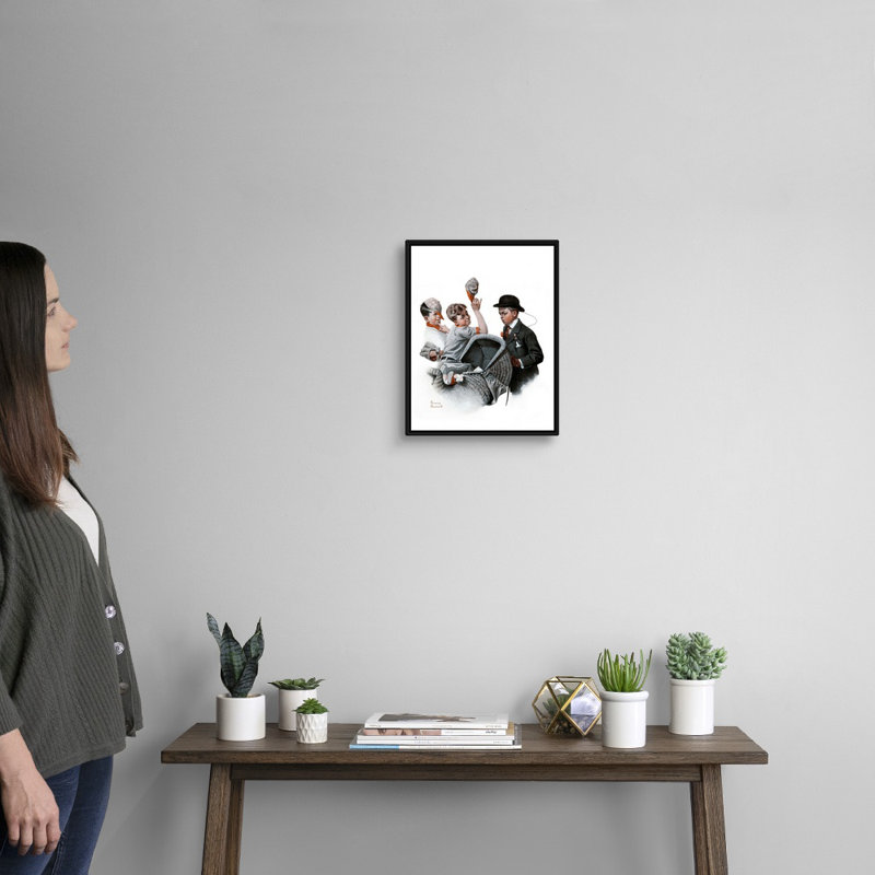 Garçon avec landau, art mural sur toile, Cadre flottant noir, H 16 po x l 13 po x P 1,75 po
