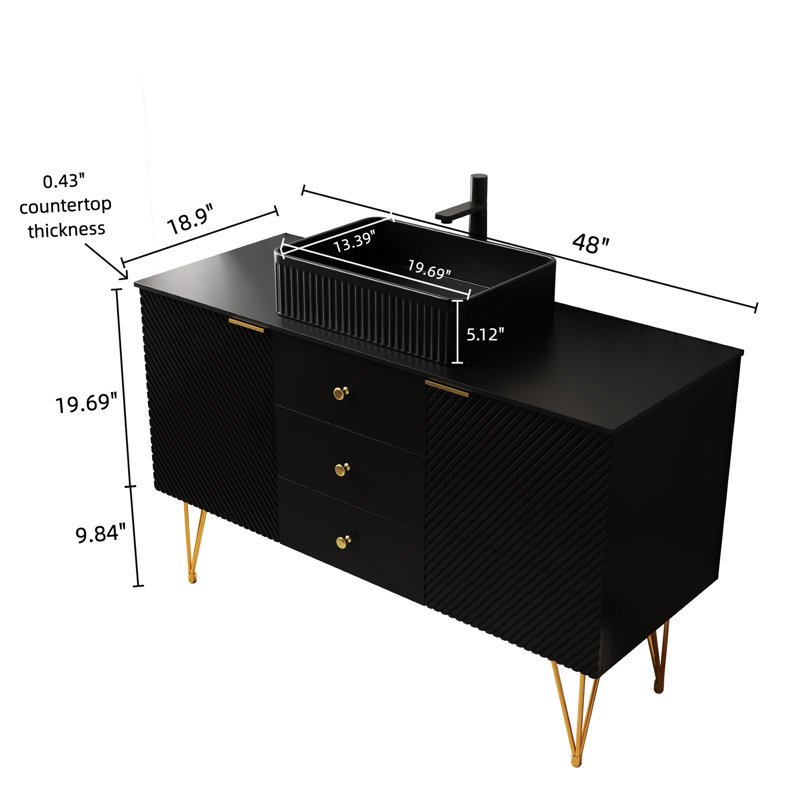 Meuble-lavabo de salle de bain 48 po avec comptoir en pierre frittée noire, lavabo en céramique, 3 tiroirs, 2 portes, 4 pieds dorés givrés, armoire autoportante en contreplaqué, plateau de porte rectangulaire préassemblé,