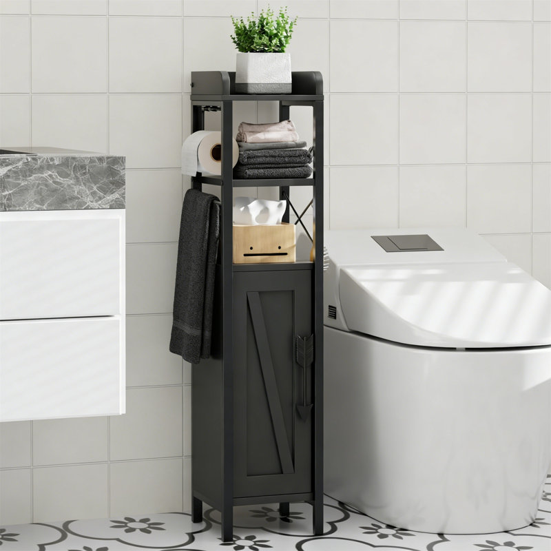 Rustic Brown Slim Toilet Paper Holder Cabinet With Shelves & Metal Racks