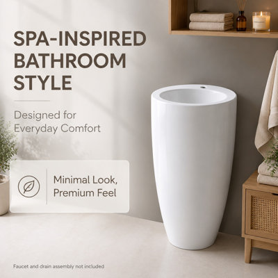 Modern Round Integrated Pedestal Sink, One‑Piece White Ceramic Freestanding Bathroom Vessel Sink, Compact Floor‑Standing Wash Basin for Small Bathroom, Balcony & Outdoor Use, Faucet and Drain Assembly Not Included, 19.68" x 19.68" x 33.07"