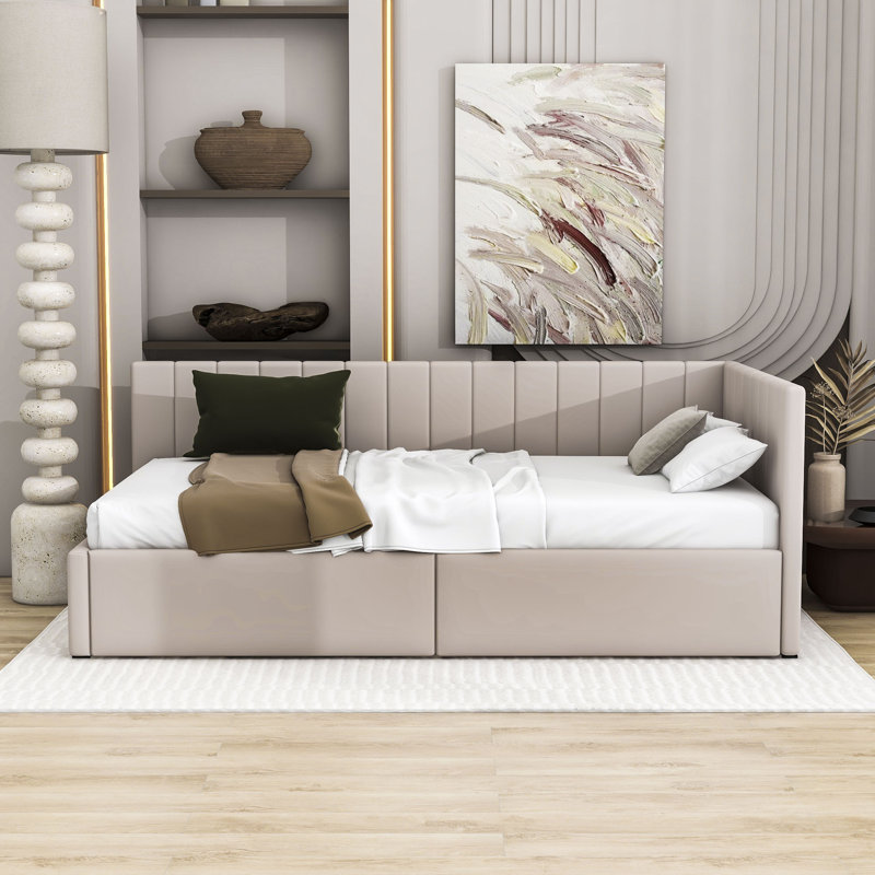 Roya Twin Size Upholstered Daybed with 2 Storage Drawers, Beige