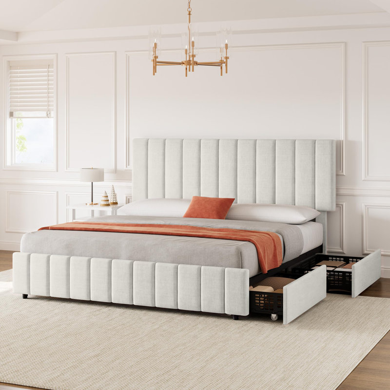 Cadre de lit King Size recouvert de cuir PU avec 4 tiroirs en plastique