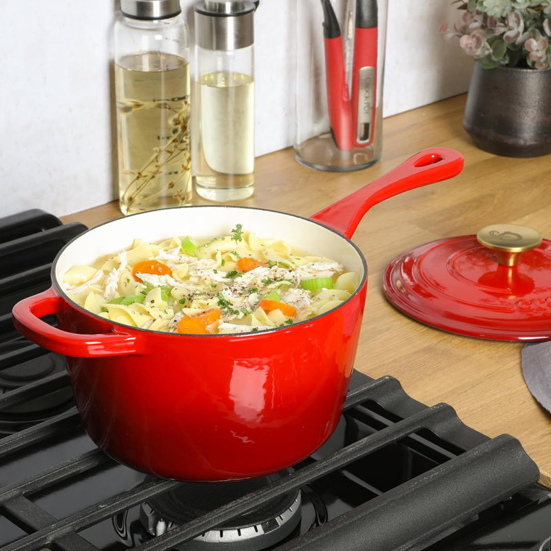 Martha Stewart Everyday Rexford 2.6 Quart Ceramic Nonstick Aluminum Saucepan with Lid in Linen, Red/Gold