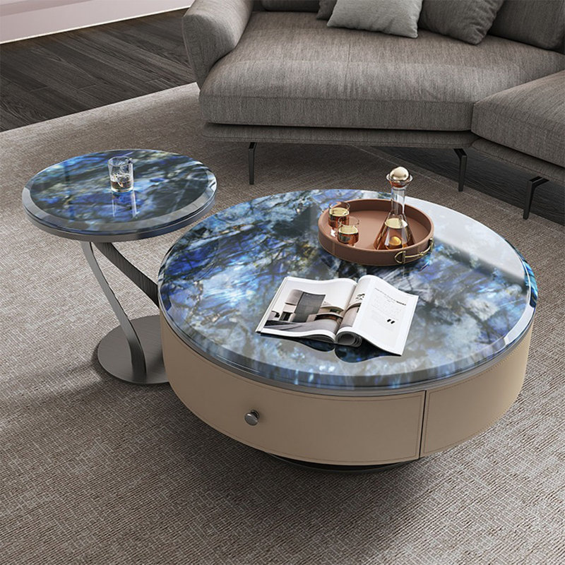 Table basse ronde en pierre micro-cristalline, Bleu, H 15,4 po x L 31,5 po x l 31,5 po