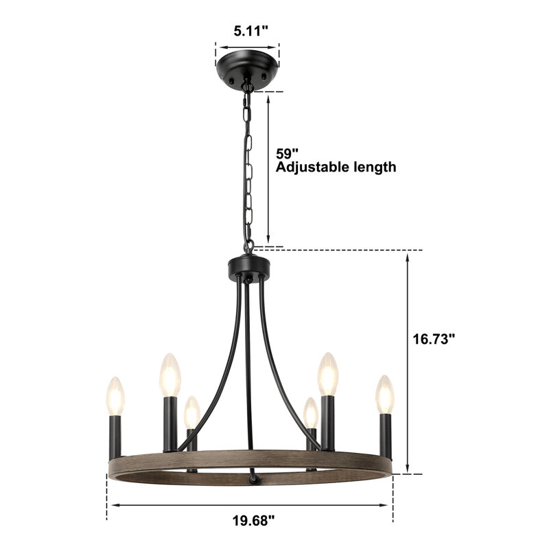 6 - Light Dimmable Wagon Wheel Chandelier, Weathered Wood