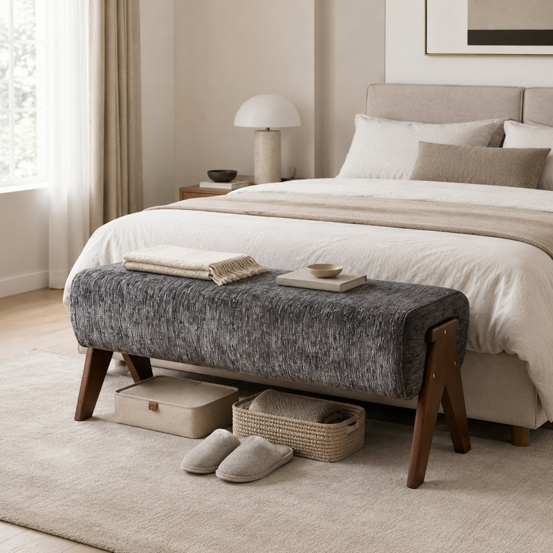 Banc rembourré en chenille avec pieds en bois massif, Gris