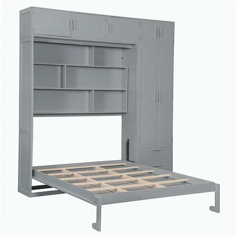 Grand lit escamotable mural avec armoire supérieure, tablettes et garde-robe, lit pliant peu encombrant, gris
