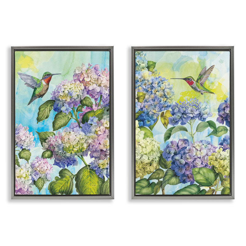 Cadre flottant 2 pièces Hummingbirds and Hydrangeas, design par Tim Coffey, Cadre flottant gris lustré, H 25 po x l 17 po