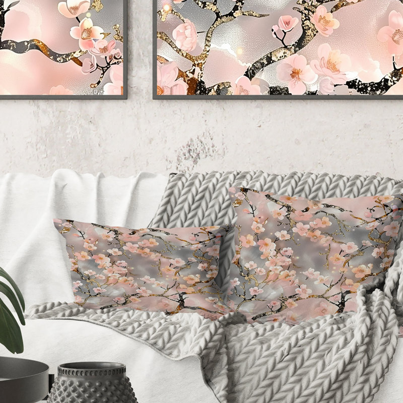 Fleur de cerisier rose et gris, H 16 po x l 16 po, Carrée