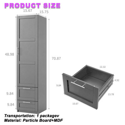 Grande armoire étroite 70 po avec 4 tablettes de rangement et 2 tiroirs