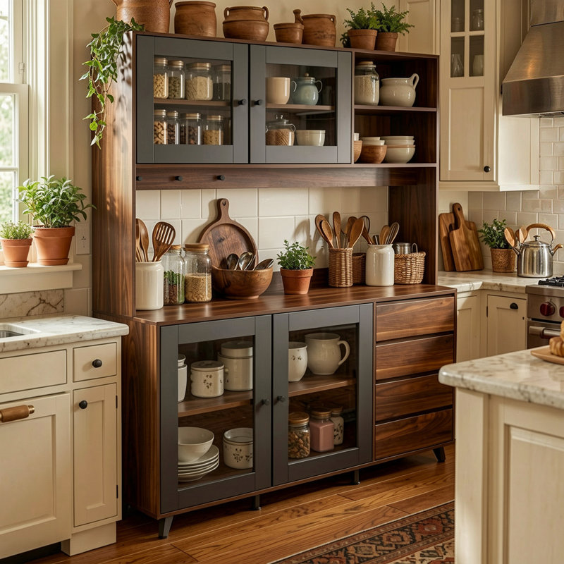 Armoire de cuisine avec portes en verre trempé, rangement pour bar à café, tablettes réglables et armoire pour l'organisation de la cuisine