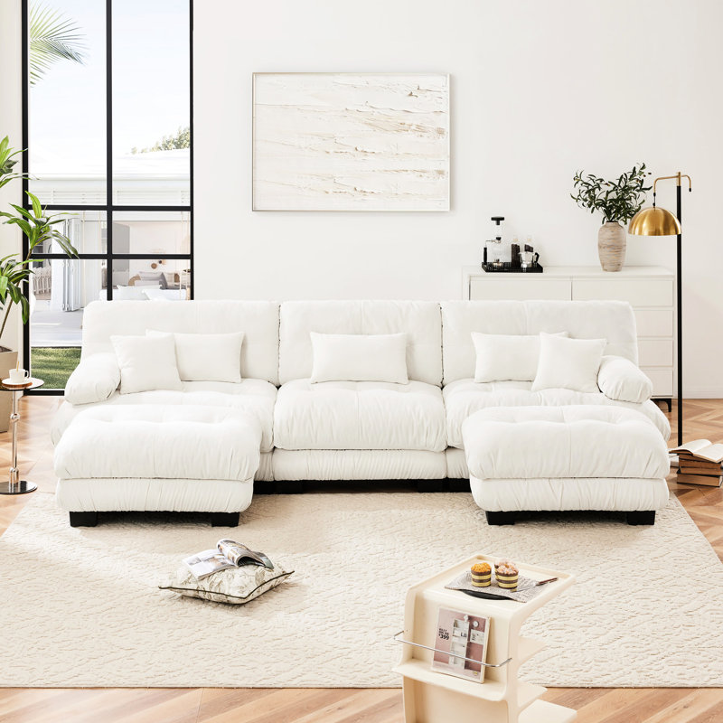 Élégant canapé modulaire en U surdimensionné en chenille blanc, 2 repose-pieds, canapé de salon profond avec