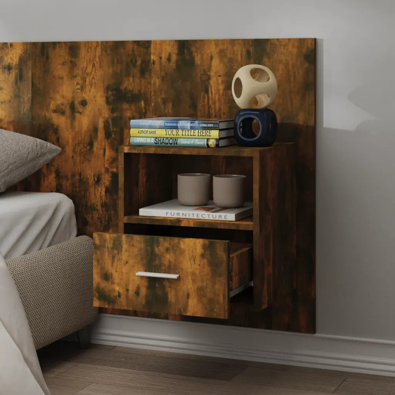 Jaicee Wall-mounted Bedside Cabinet, Smoked Oak, Set of 2