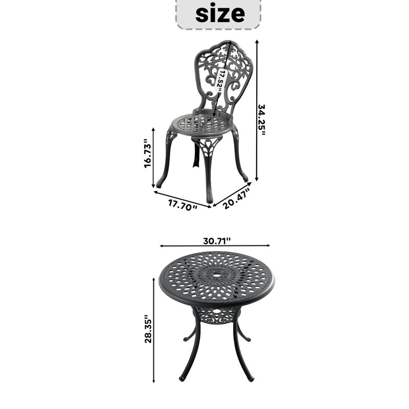 Ensemble de repas d'extérieur en aluminium moulé pour 4 personnes, noir, motifs élégants, revêtement résistant aux intempéries, assise confortable, protection anti-effraction, ergonomique