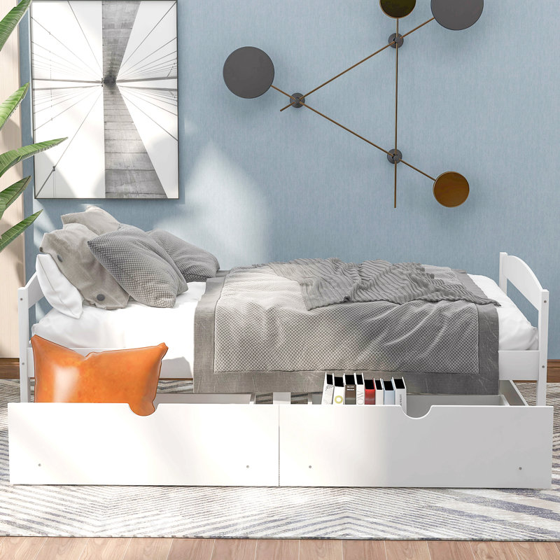 Lit plateforme simple avec deux tiroirs, blanc, White