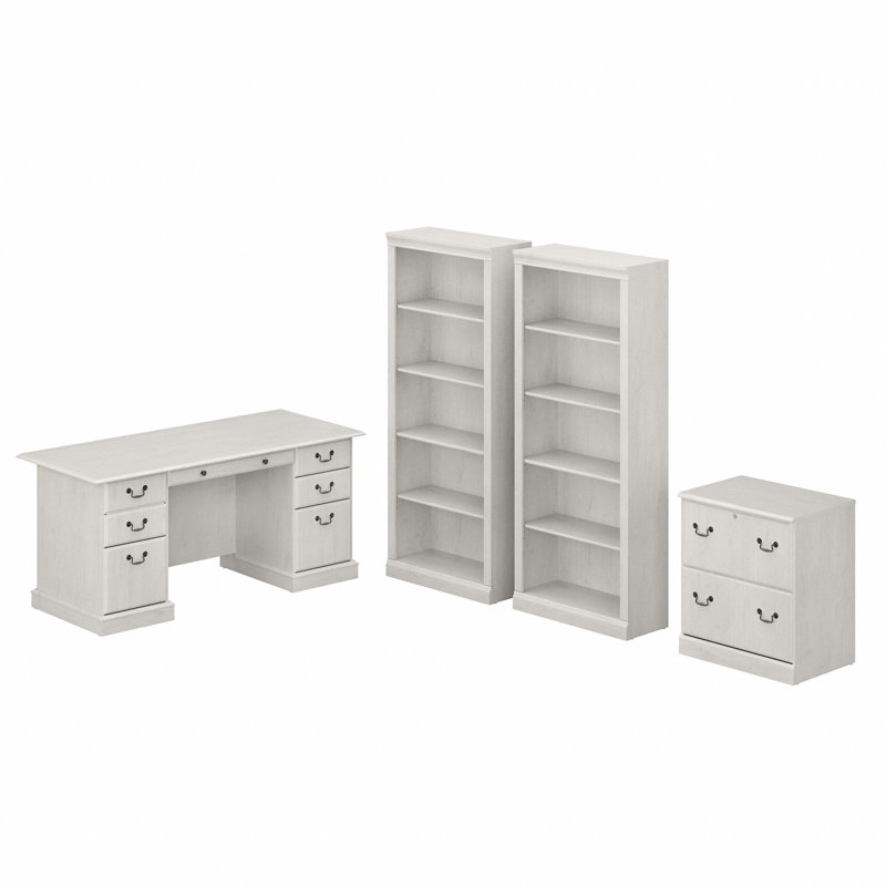Raker 4 Piece Executive Desk Office Set, Linen White Oak