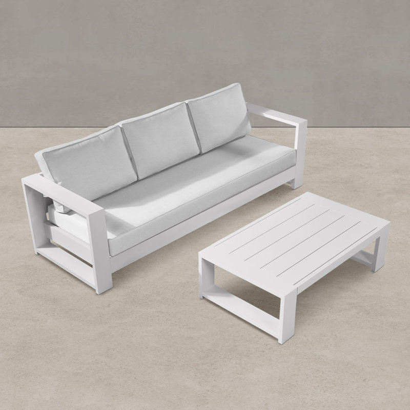 Hoyt Outdoor Aluminum Conversation Set with Coffee Table, 2 Pcs: Coffee Table, 1 Sofa, Gris clair, Snow White