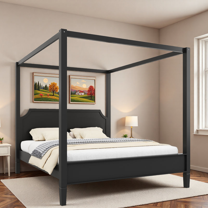 Lit plateforme à baldaquin en bois avec tête de lit élégante et pieds de soutien, Noir, Grand lit