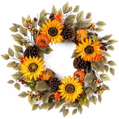Décoration murale artificielle tournesol et pommes de pin, couronne d'automne champêtre, décor de jardin pour l'Action de grâce, porche, intérieur et extérieur, décoration de récolte