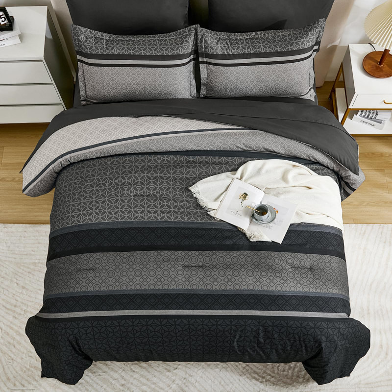 7-Piece Striped Patchwork Comforter Set - Soft Lightweight All Season Microfiber Bedding, Dark Gray
