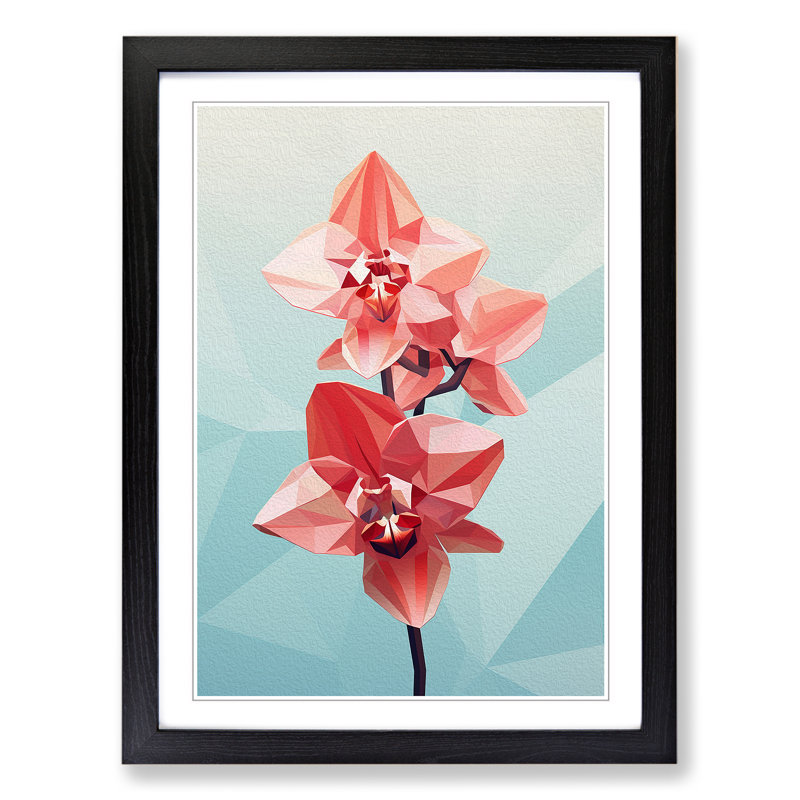 Orchid Flower Geometric - Single Picture Frame Print on Wood, 34cm H x 25cm W x 2cm D, Black Framed