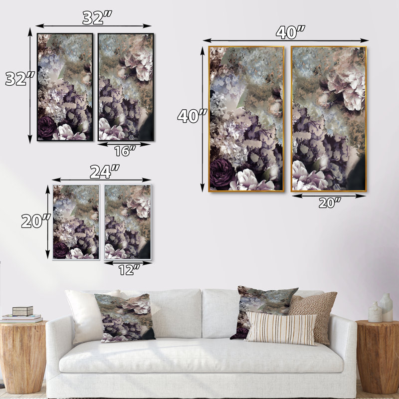 «Grunge Silk Nature Flower», ensemble de 2 peintures sur toiles, H 32 po x l 32 po x P 1 po, Cadre flottant doré
