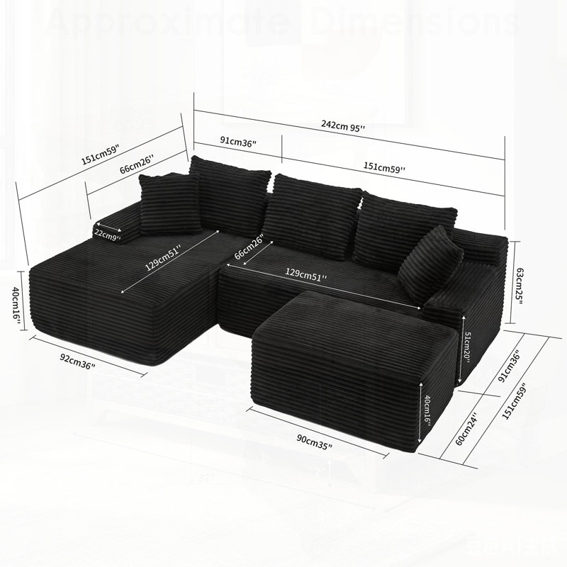 Canapé modulaire rembourré en forme de L avec méridienne et canapé-lit, Orienté vers la gauche