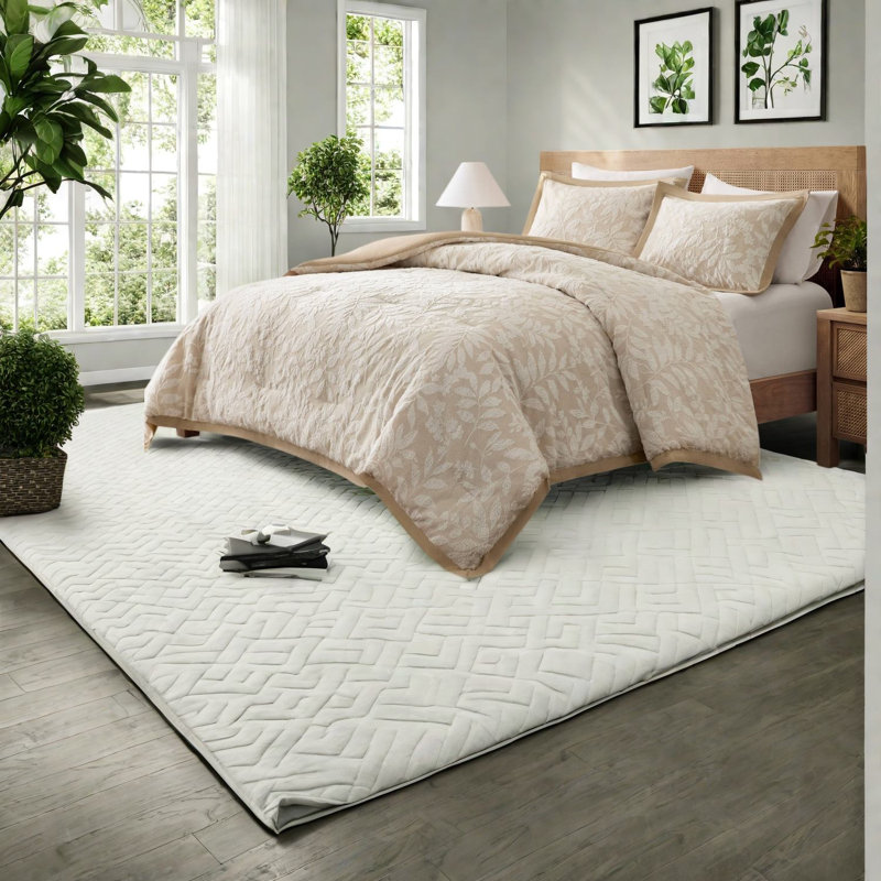 Ensemble de literie pour grand lit, jacquard botanique en mélange de coton, beige