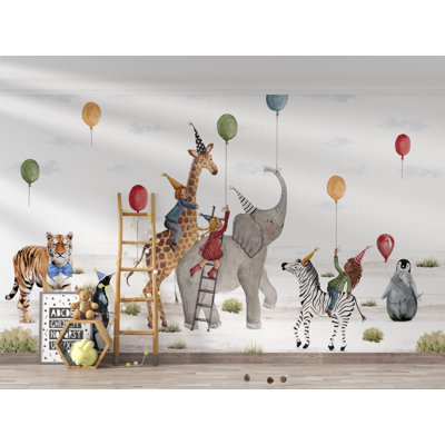 Papier peint mural pour chambre d'enfant sur le thème des animaux du safari | Girafe, éléphant et zèbre | Intissé ou autocollant