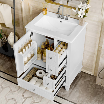 24" Bathroom Vanity With Sink And Drawers, White Freestanding Vanity Cabinet With Ceramic Top And Storage Shelves, MDF And Solid Wood Base, Modern Sink Cabinet For Small Bathrooms
