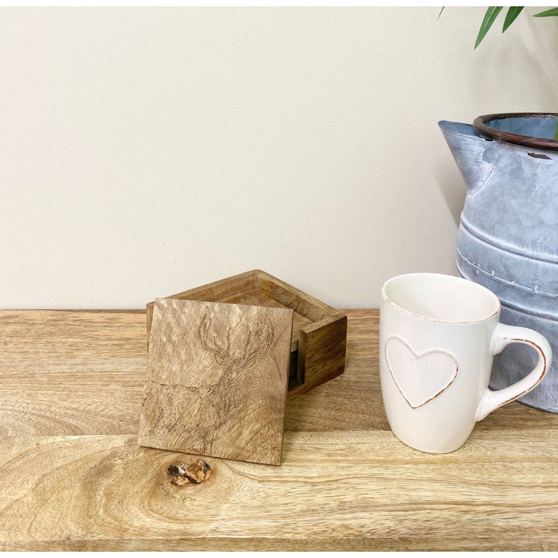 Wood Square 5 Piece Coaster Set With Holder