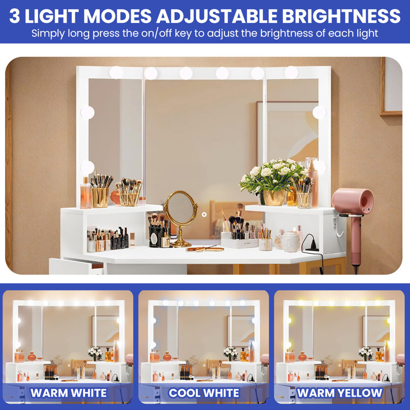 White and Gold Corner Vanity Desk with Tri-Fold Mirror and LED Lights