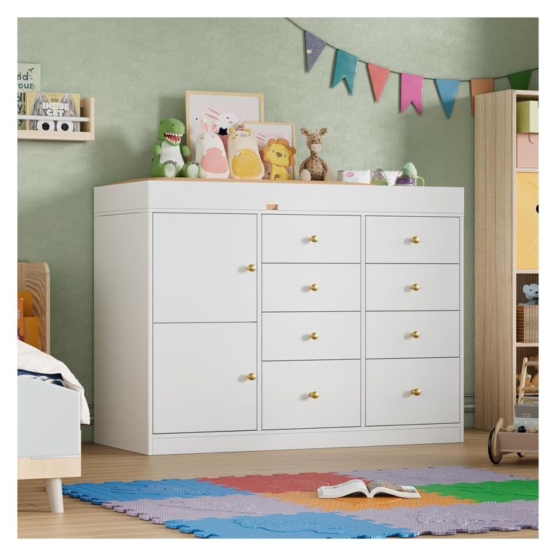 Commode de chambre de bébé blanche à 8 tiroirs avec armoire à langer et rangement classique