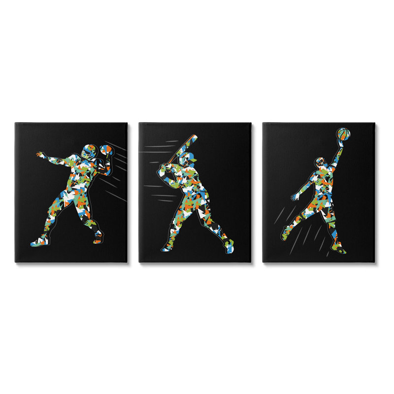 Ensemble de 3 toiles d'art géométriques à motif sportif par Arrolynn Weiderhold, H 20 po x l 48 po x P 1,5 po