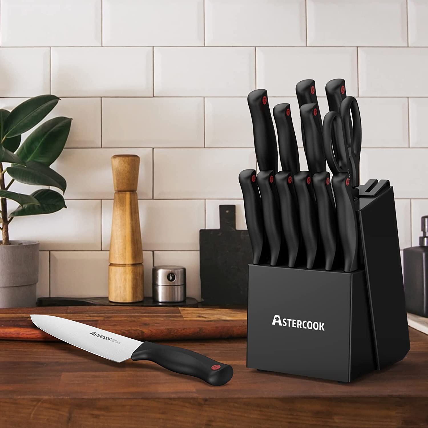 Knife Set, 15 Pcs Kitchen Knife Set With Block, Astercook German Stainless  Steel With Scissors, Knife Sharpener and 6 Serrated Steak Knives