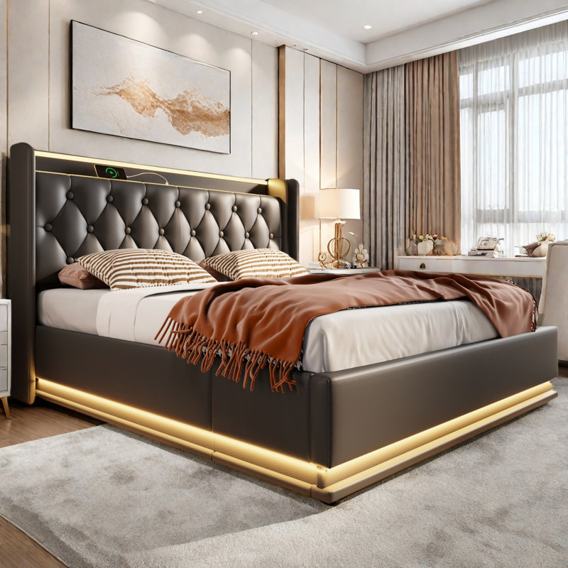 Upholstered Bed With Hydraulic Storage, Usb & Type-c Charging And 360° Surround Led, Queen