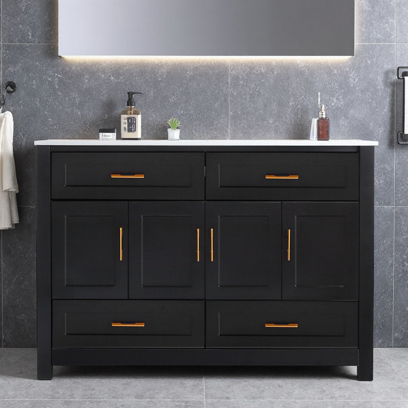 Ensemble de meuble-lavabo noir 48 po avec lavabo en céramique, portes et tiroirs à fermeture en douceur, armoire de rangement abondante