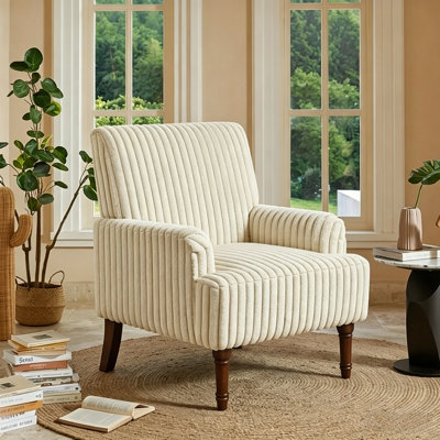 Fauteuil d'appoint rembourré en velours côtelé Corduroy, avec pieds en bois massif, pour chambre à coucher, beige