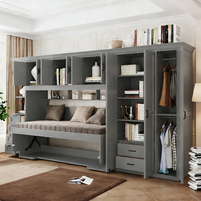 Lit escamotable simple avec armoire murale, armoire et bureau, Gris